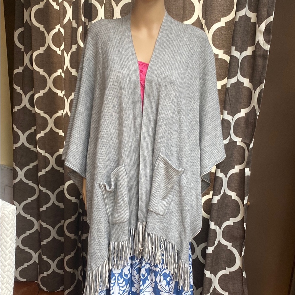 Gray Fringe Open Poncho